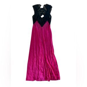 VINTAGE KAYSER HOT PINK BLACK LACE MAXI SLIP DRESS XS WOMENS USA MADE LINGERIE